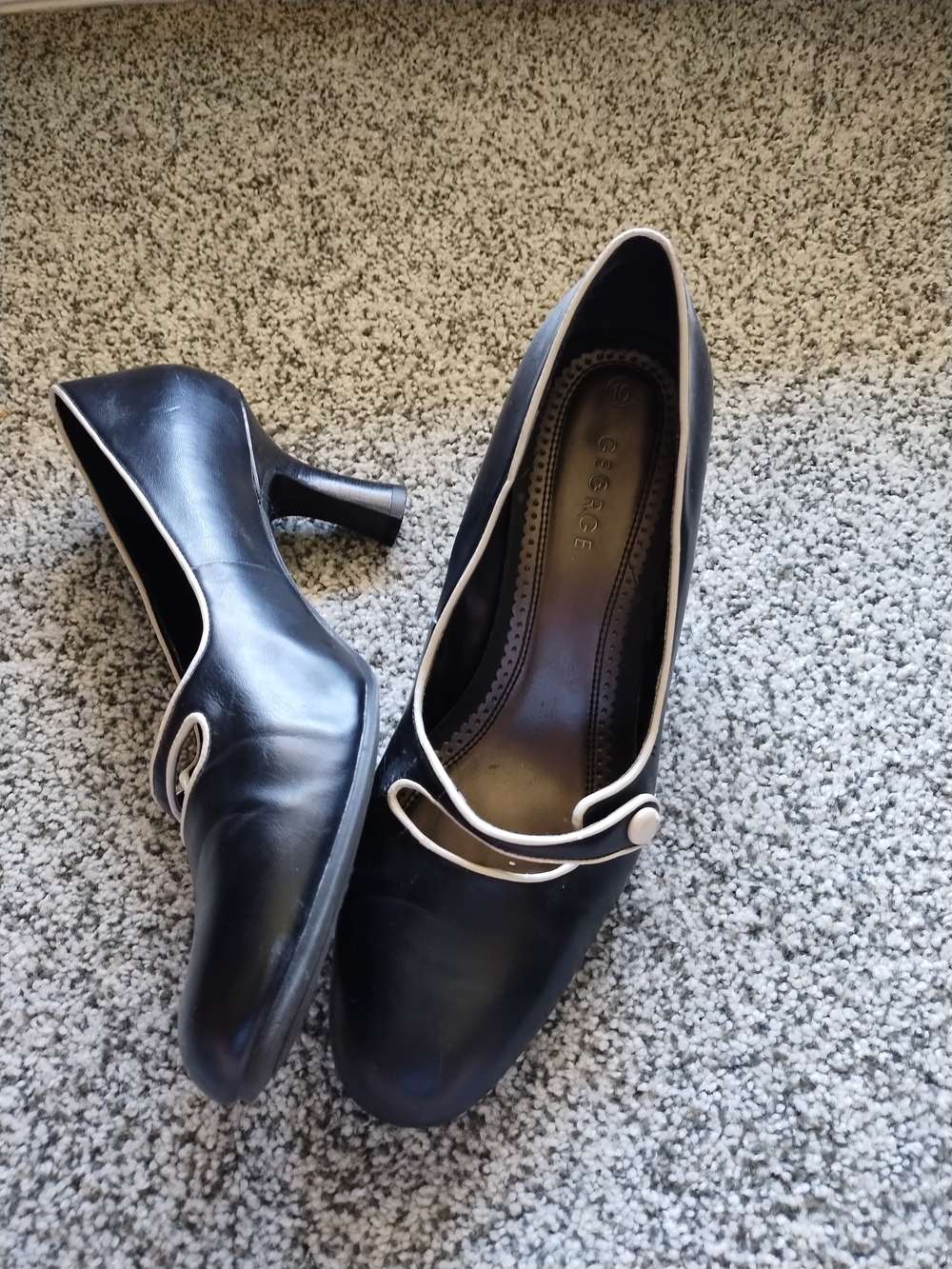 George Black Mid-Heel Pumps with White Trim